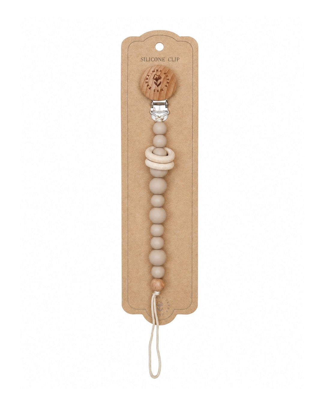 Rédaction
Attache-tétine Mrs Ertha avec perles en silicone beige, détails en bois et pince métallique