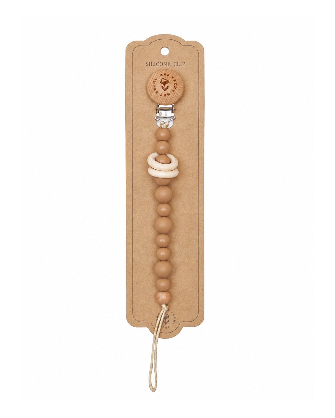 Rédaction
Attache-tétine Mrs Ertha avec perles en silicone beige, détails en bois et pince métallique