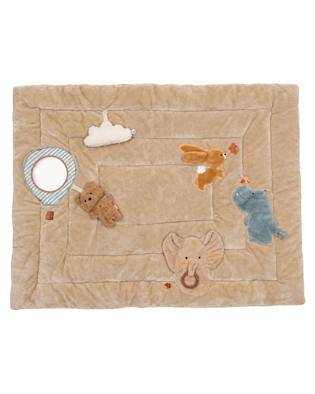 Tapis d’éveil Jollies de Jollein avec cinq petits personnages, miroir et éléments sensoriels, dimensions 95 × 78 cm.