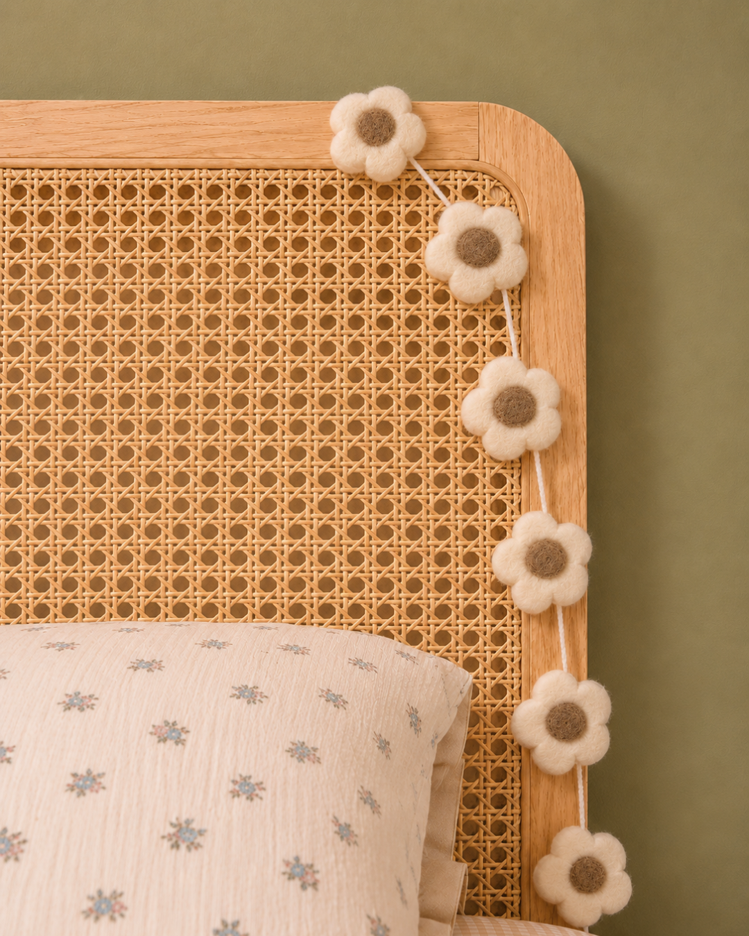 Guirlande de fleurs en laine feutrée installée au-dessus d'une tête de lit dans une chambre de bébé.