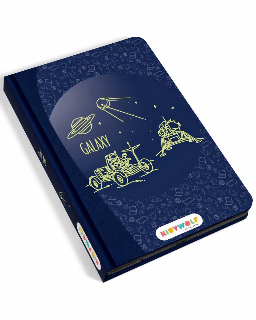 Tablette à dessin bleue KIDYDRAW-MINI Espace de Kidywolf, avec écran LCD, stylet et 30 illustrations à décalquer.