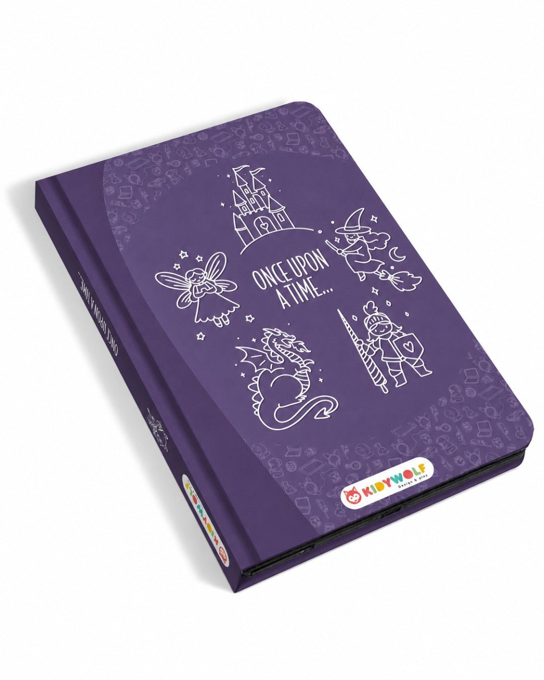 Tablette à dessin violette KIDYDRAW-MINI Contes de fées de Kidywolf, avec écran LCD, stylet et 30 illustrations à décalquer.